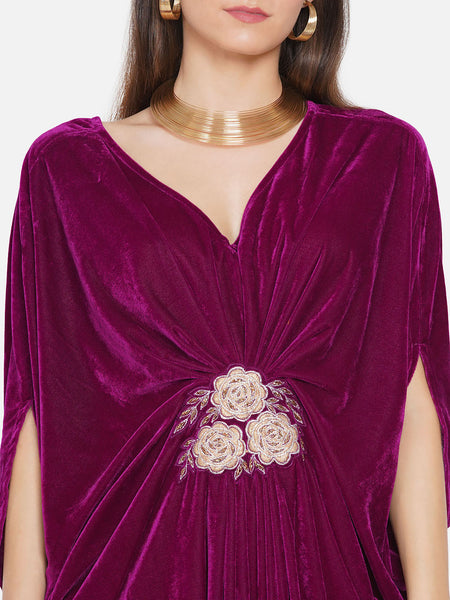Burgundy Velvet Embroidered Gown-WRK432