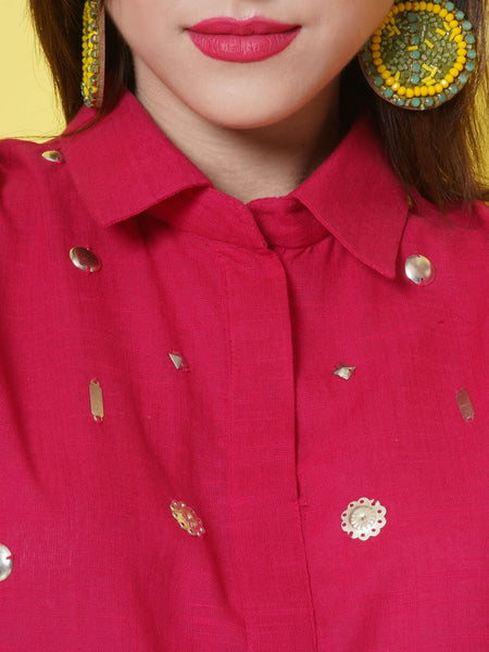 Pink Cotton Hand Embellished Kurta with Pants-WRKS108