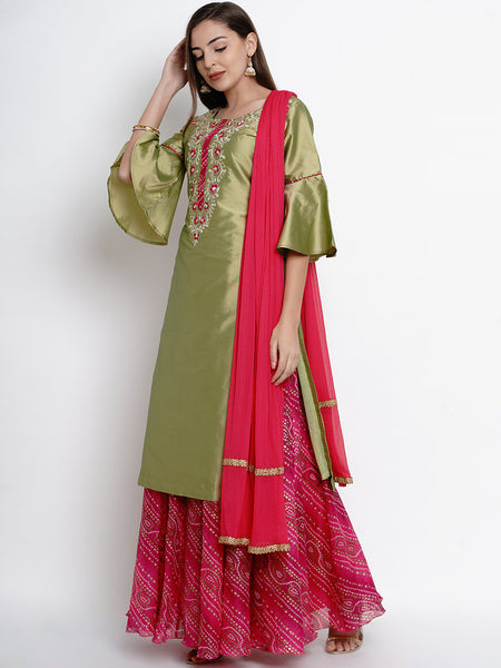 Green Embroidered Kurta With Printed Lehnga and Dupatta-WRS464