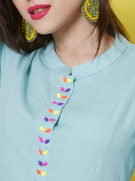 Light Blue Cotton Flex Assymetrical Kurta with beeds work and pants-WRKS102