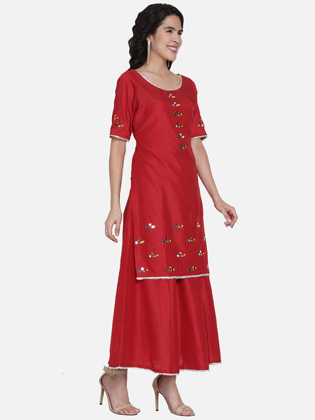Red Cotton Blend Hand Embroidred Mirror Work kurta with skirt-WRKS060