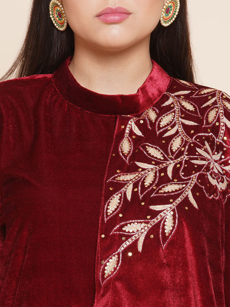 Maroon Velvet Half Cape Embroidered Gown-WRK445