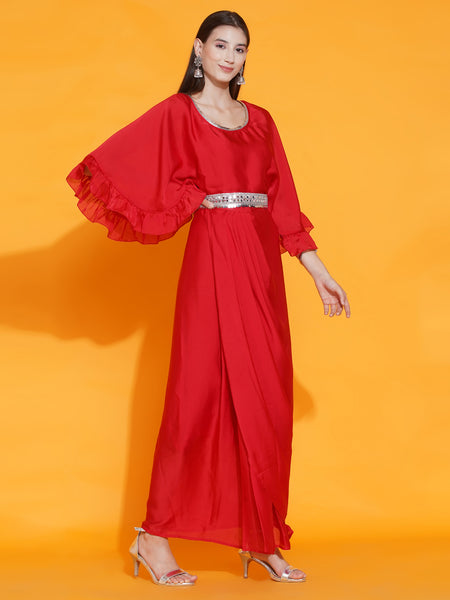 Red Georgette Ethnic Dress with Embellished Belt-WRK438