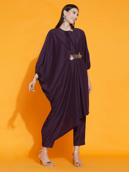 Purple Hand Embellished Indowestren Kurta with Pants-WRKS083
