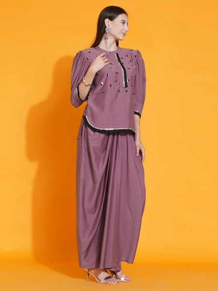 Mauve Hand Embellished kurta with Dhoti-WRKS086