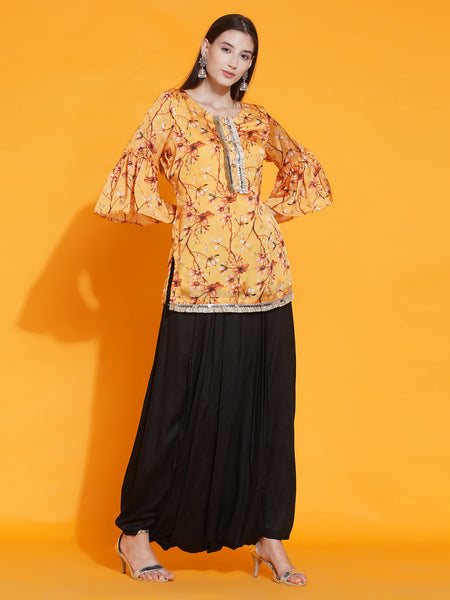 Yellow Printed Kurta with Dhoti-WRKS085