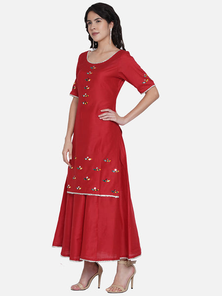 Red Cotton Blend Hand Embroidred Mirror Work kurta with skirt-WRKS060