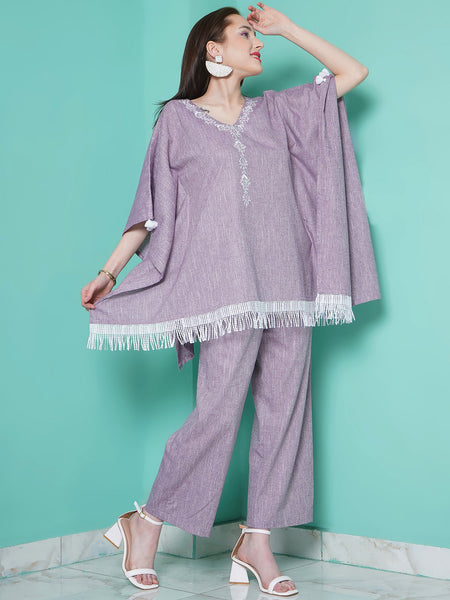 Purple Cotton Embroidered Kaftan with Palazzo-WRKS105