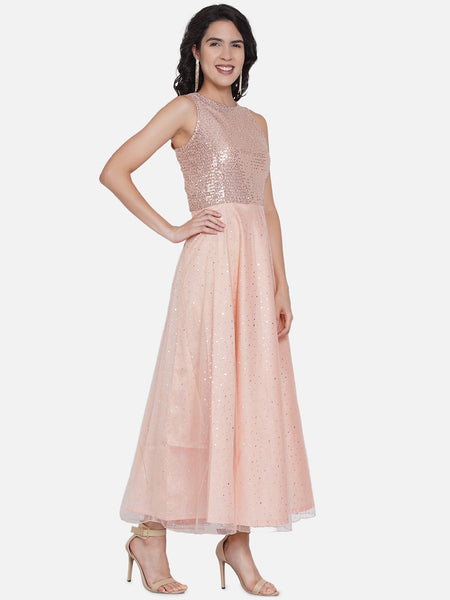Peach Sequence work Net Gown-WRK431