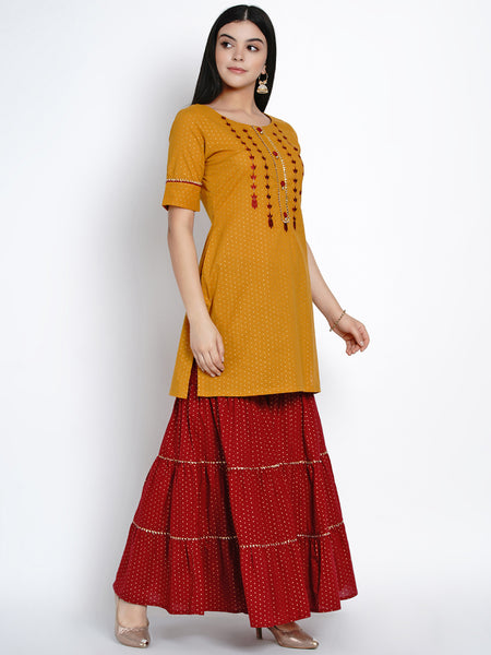 Mustard Embroidered Kurta And Sharara- WRKS414