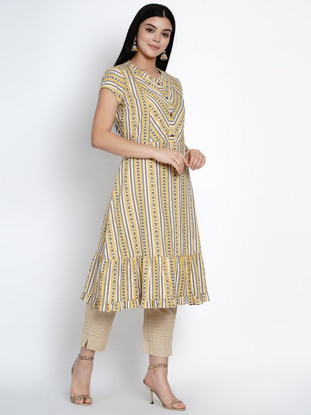 Geometric Print Ruffled Cotton Kurta-WRK424