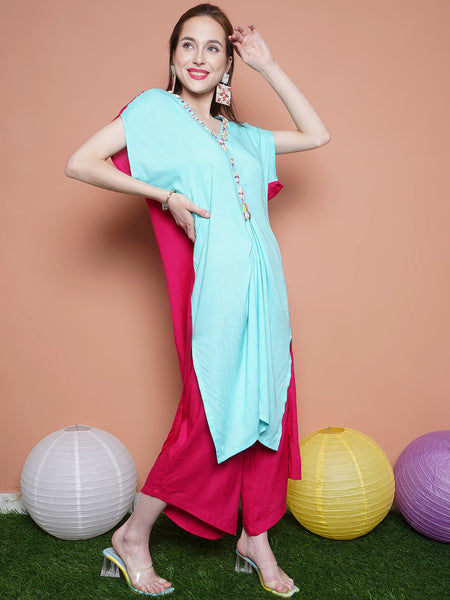 Blue and Pink Rayon Slub Hand Embellished Kurta with Palazzo -WRKS101