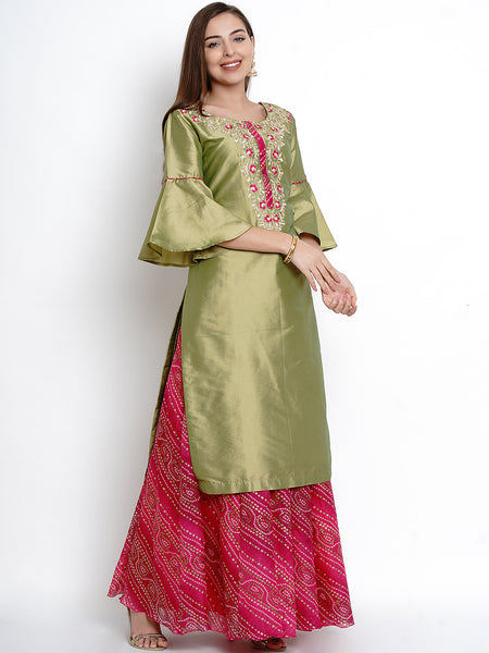 Green Embroidered Kurta With Printed Lehnga and Dupatta-WRS464