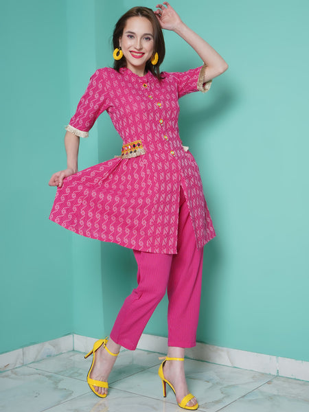 Pink Kantha Cotton Kurta with Mirror work and Pants-WRKS107