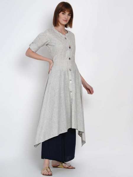 Grey A-line Cotton Kurta with Asymmetric Hem