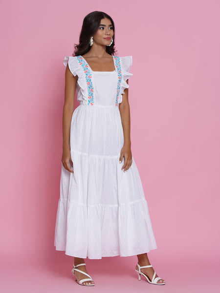 White Cotton Embroidered Tiered Dress-WRK435