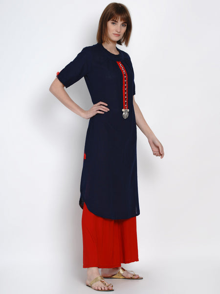 Indigo Cotton Mirror Work Straight Kurta with Curved Hemline