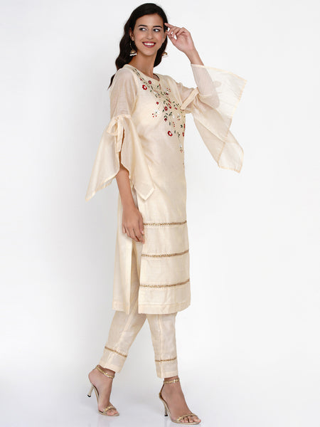 Cream Chanderi Embroidered Kurta with Pant- WRKS057