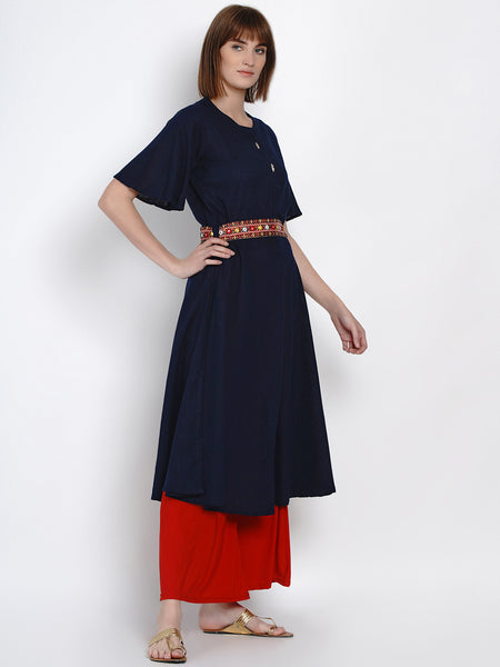 Indigo Cotton Kurta with Embroidered Belt-WRK411