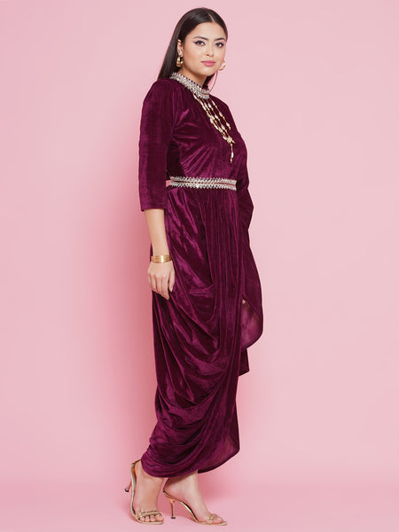 Wine Velvet Velvet Kurta with attached necklace, belt  and Pant-WRKS093