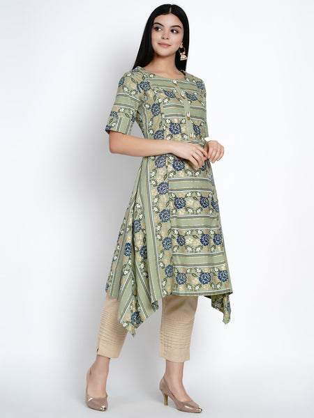 Green Floral Gold Foil Asymmetrical Kurta-WRK416