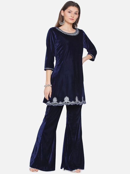 Navy Blue Velvet Kurta with Bell bottom Pants-WRKS069