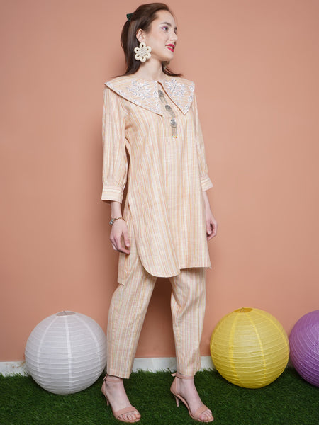 Beige Striped Embroidered Collar Kurta with Pants-WRKS109