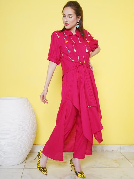 Pink Rayon Slub Embellished Asymmetrical Kurta with Pants-WRKS104