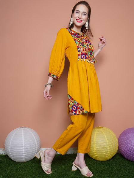 Mustard Cotton Flex Kurta with Gamthi Embroidery and Pants-WRKS100