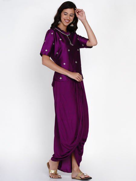 Purple Embroidered Koti with Dhoti Pants - WRKS056