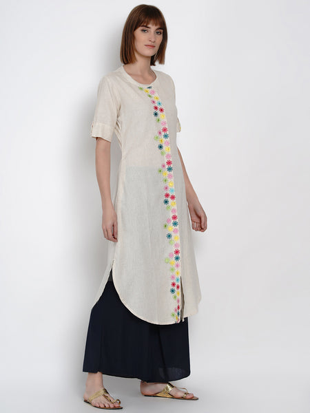 Off White Cotton Embroidered Kurta- WRK406