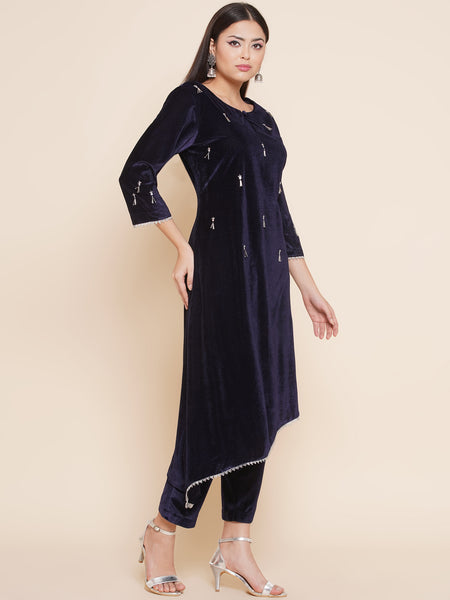 Navy Blue Hand Embellished Kurta Set-WRKS092