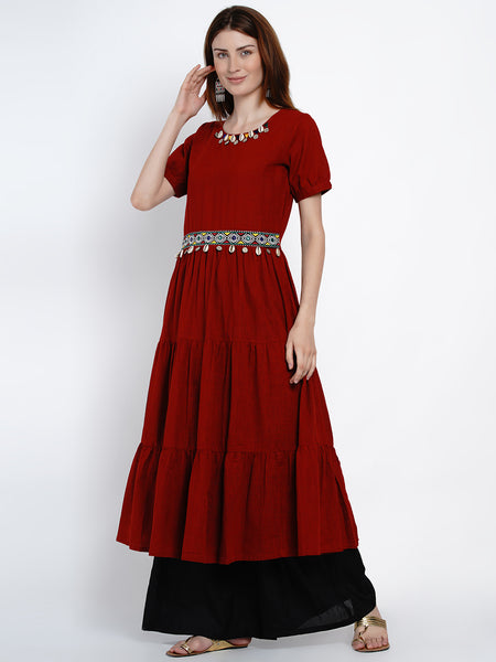 Maroon A-Line Cotton Embroidered Kurta-WRK410