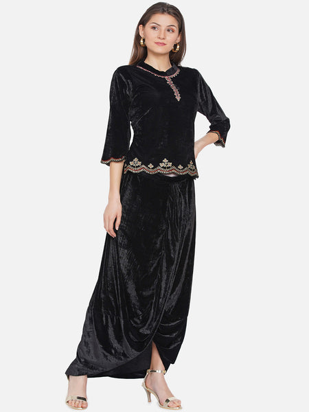 Black Embroidered Velvet Koti with Dhoti -WRKS071