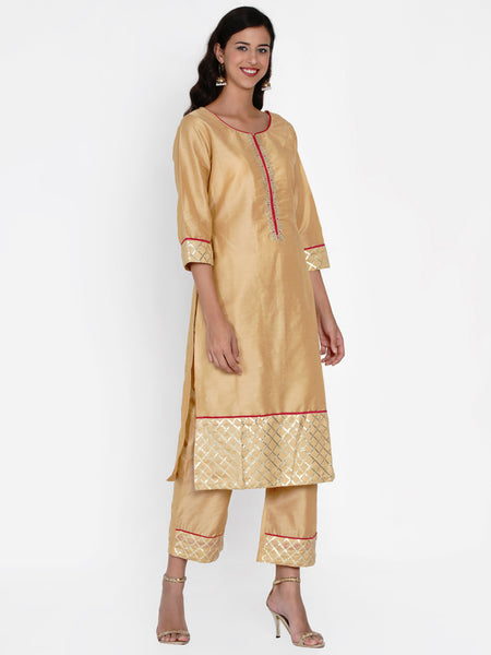 Golden Embroidered Kurta with Pant and Dupatta -WRKSD035