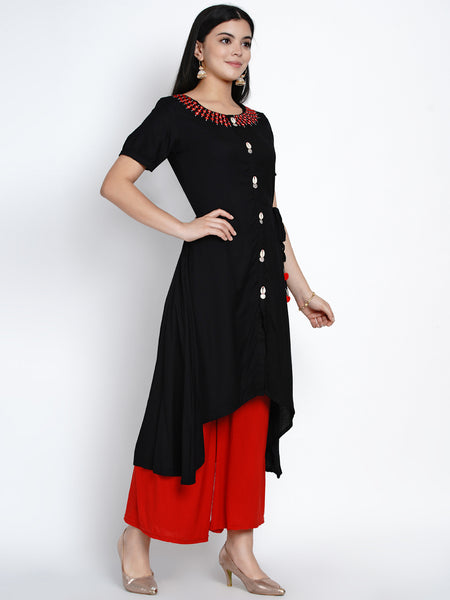 Black Rayon Asymmetrical  Embroidered Kurta-WRK422