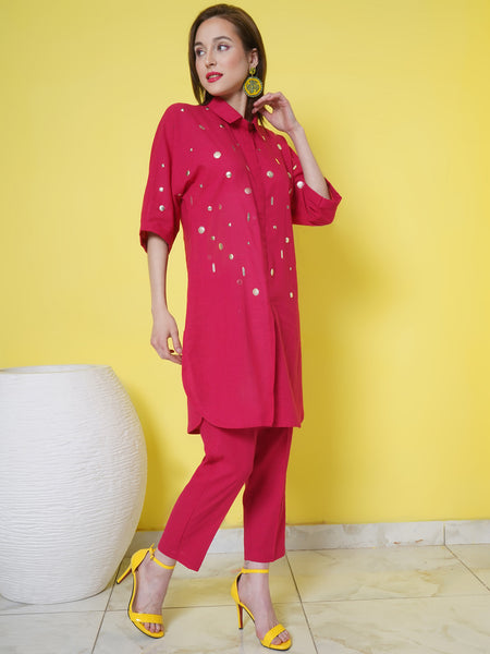 Pink Cotton Hand Embellished Kurta with Pants-WRKS108