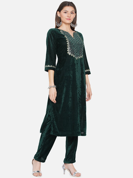 Green Velvet Embroidered Kurta with Pant- WRKS068