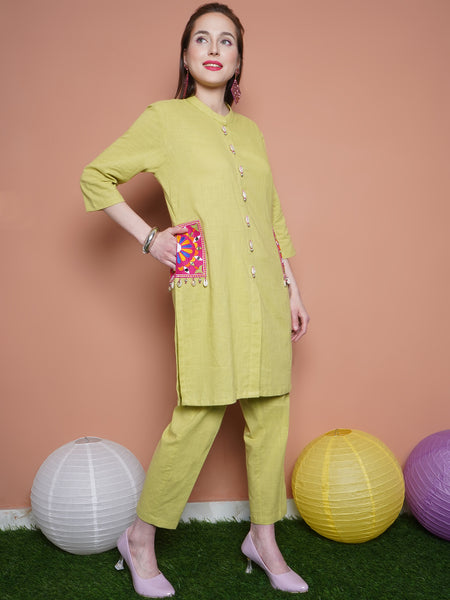 Green Cotton Slub Embroiderd Pockets Kurta with Pants-WRKS103