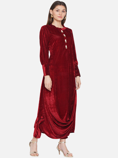 Maroon Velvet Cowl Kurta with Pants-WRKS067