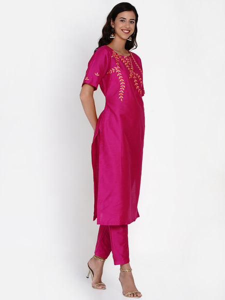 Pink Embroidered Kurta with Pant and Dupatta- WRKSD058