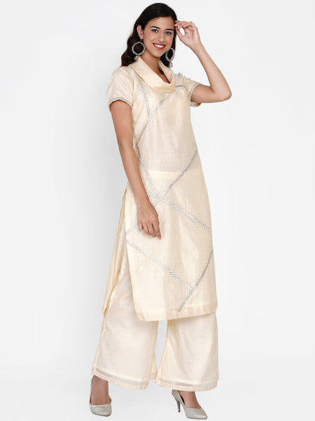 Cream Chanderi Embroidered Cowl Neck Kurta with Palazzo-WRKS052