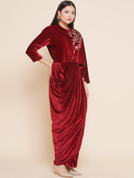 Maroon Velvet Half Cape Embroidered Gown-WRK445