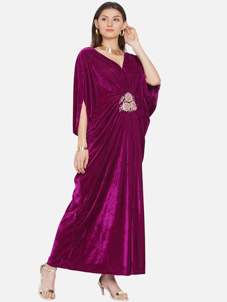 Wine Embroidery Work Velvet Gown  Me99