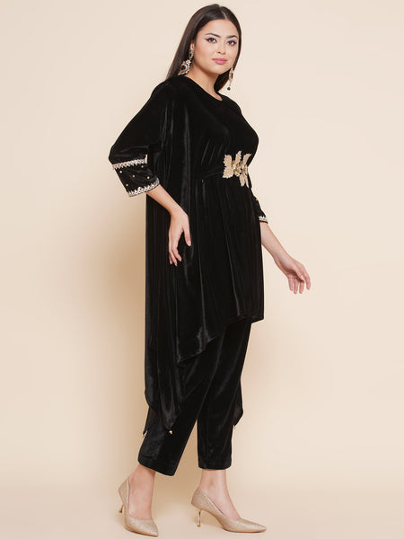 Black Kaftan Style Hand Embellished Kurta with Pants-WRKS091