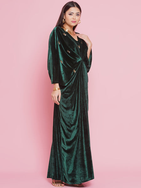 Green Velvet Hand Embellished Gown-WRK444