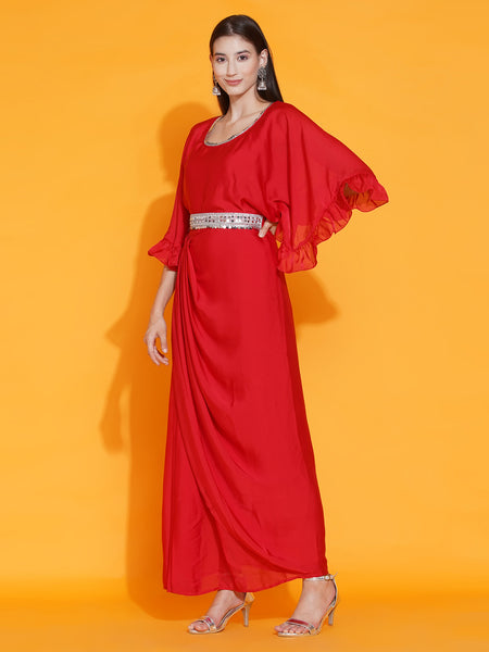 Red Georgette Ethnic Dress with Embellished Belt-WRK438
