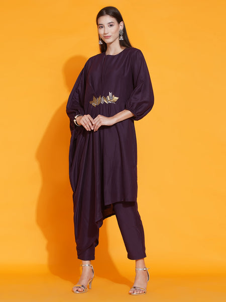 Purple Hand Embellished Indowestren Kurta with Pants-WRKS083