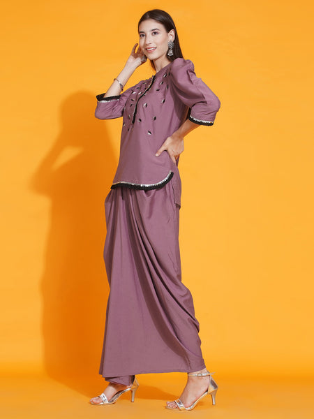 Mauve Hand Embellished kurta with Dhoti-WRKS086