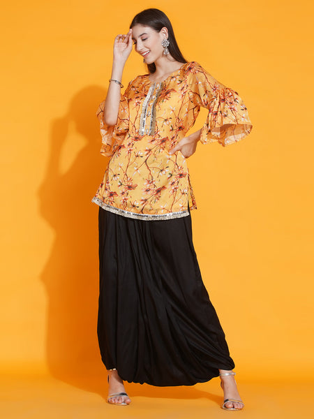 Yellow Printed Kurta with Dhoti-WRKS085